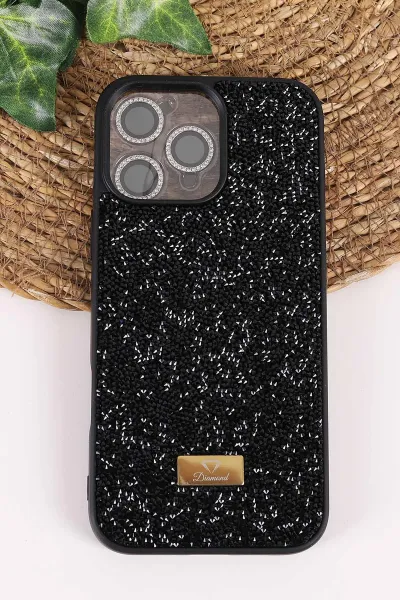 Siyah TeknoCase İPhone 16 Pro Max Uyumlu Ella Diamond Case Serisi Lens Hediyeli Sert Silikon Telefon Kılıfı 457819