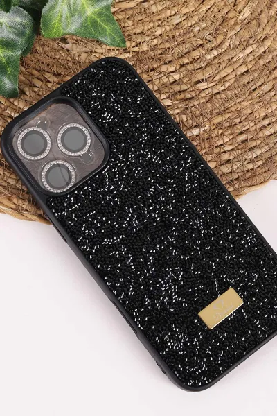 Siyah TeknoCase İPhone 16 Pro Max Uyumlu Ella Diamond Case Serisi Lens Hediyeli Sert Silikon Telefon Kılıfı 457819