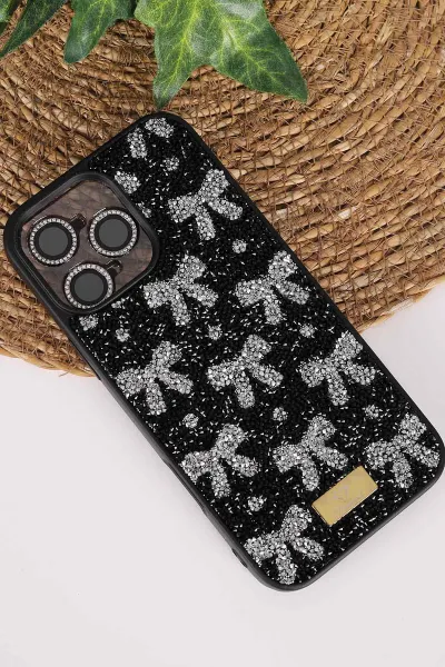 Siyah TeknoCase İPhone 16 Pro Max Uyumlu Perfect Diamond Case Serisi Taşlı Lens Hediyeli Sert Silikon Telefon Kılıfı 480846