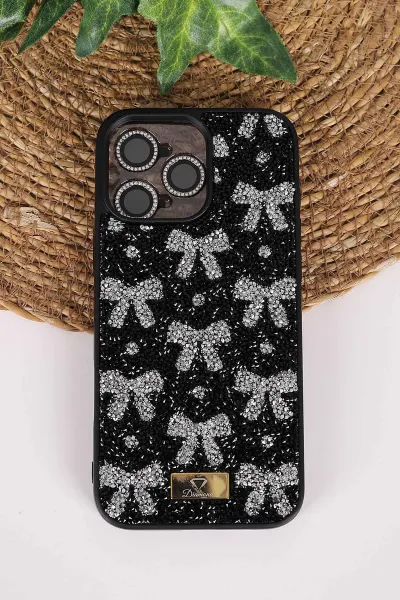 Siyah TeknoCase İPhone 16 Pro Max Uyumlu Perfect Diamond Case Serisi Taşlı Lens Hediyeli Sert Silikon Telefon Kılıfı 480846