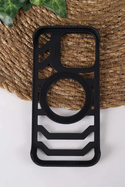 Siyah TeknoCase İPhone 16 Pro Uyumlu Creative Fiber Case Serisi Lens Hediyeli Vakumlu Sert Silikon Telefon Kılıfı 430921