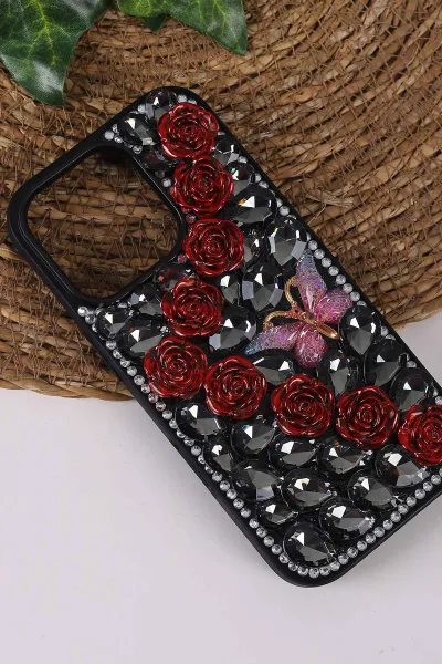 Siyah TeknoCase İPhone 16 Pro Uyumlu Daisy Case Serisi Taşlı Vakumlu Sert Silikon Telefon Kılıfı 431090