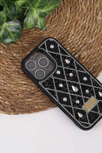 Siyah TeknoCase İPhone 16 Pro Uyumlu Dlr Diamond Case Serisi Lens Hediyeli Premium Sert Silikon Telefon Kılıfı 430385