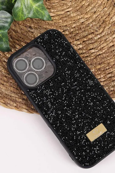 Siyah TeknoCase İPhone 16 Pro Uyumlu Ella Diamond Case Serisi Lens Hediyeli Sert Silikon Telefon Kılıfı 457815