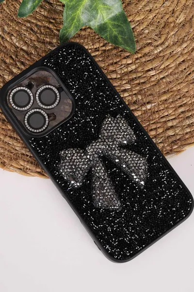 Siyah TeknoCase İPhone 16 Pro Uyumlu Nelly Diamond Serisi Taşlı Lens Hediyeli Sert Silikon Telefon Kılıfı 480953