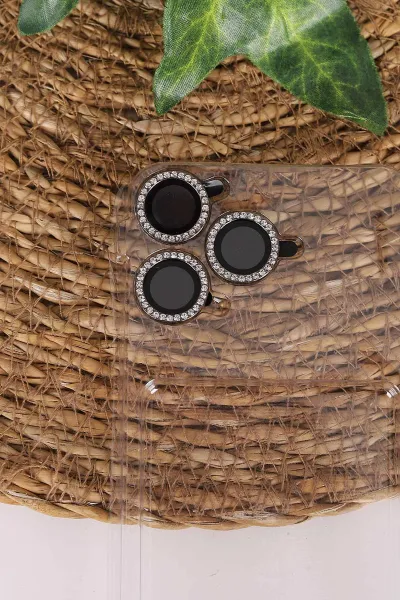 Siyah TeknoCase İPhone 16 Pro Uyumlu Nelly Diamond Serisi Taşlı Lens Hediyeli Sert Silikon Telefon Kılıfı 480953