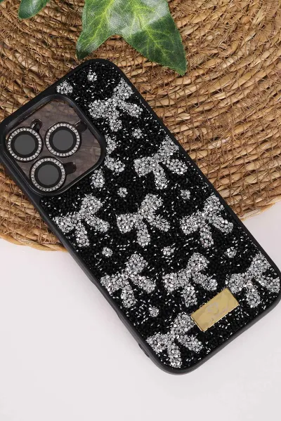Siyah TeknoCase İPhone 16 Pro Uyumlu Perfect Diamond Case Serisi Taşlı Lens Hediyeli Sert Silikon Telefon Kılıfı 480836