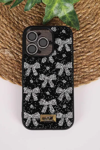 Siyah TeknoCase İPhone 16 Pro Uyumlu Perfect Diamond Case Serisi Taşlı Lens Hediyeli Sert Silikon Telefon Kılıfı 480836