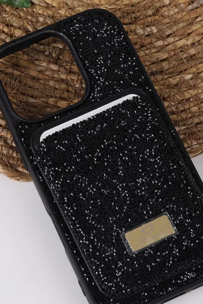 Siyah TeknoCase İPhone 16 Pro Uyumlu Viola Diamond Case Serisi Kartlıklı Lens Hediyeli Sert Silikon Telefon Kılıfı 430840