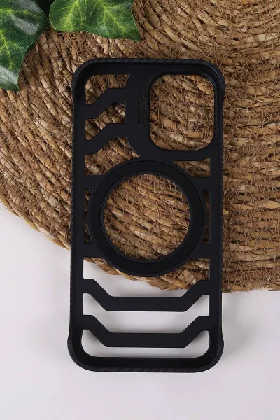 Siyah TeknoCase İPhone 16 Uyumlu Creative Fiber Case Serisi Lens Hediyeli Vakumlu Sert Silikon Telefon Kılıfı 430913
