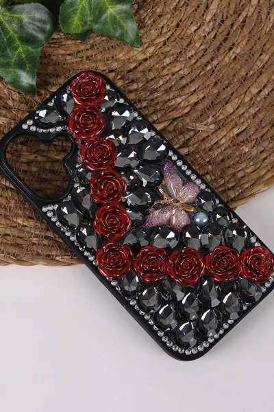 Siyah TeknoCase İPhone 16 Uyumlu Daisy Case Serisi Taşlı Vakumlu Sert Silikon Telefon Kılıfı 431085