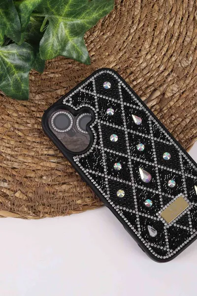 Siyah TeknoCase İPhone 16 Uyumlu Dlr Diamond Case Serisi Lens Hediyeli Premium Sert Silikon Telefon Kılıfı 430381