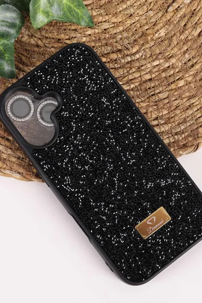 Siyah TeknoCase İPhone 16 Uyumlu Ella Diamond Case Serisi Lens Hediyeli Sert Silikon Telefon Kılıfı 457806