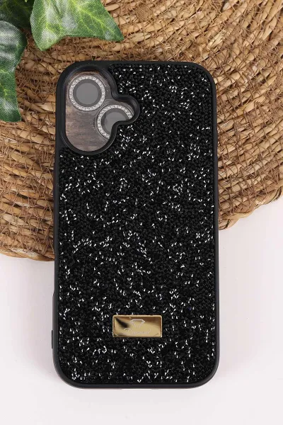 Siyah TeknoCase İPhone 16 Uyumlu Ella Diamond Case Serisi Lens Hediyeli Sert Silikon Telefon Kılıfı 457806