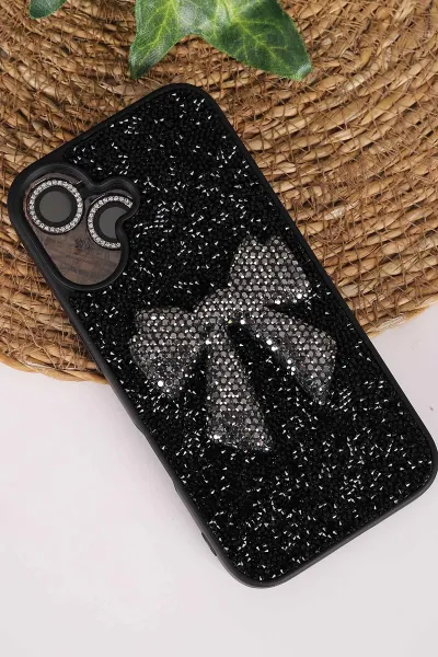 Siyah TeknoCase İPhone 16 Uyumlu Nelly Diamond Serisi Taşlı Lens Hediyeli Sert Silikon Telefon Kılıfı 480946