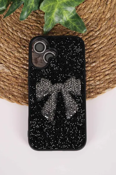 Siyah TeknoCase İPhone 16 Uyumlu Nelly Diamond Serisi Taşlı Lens Hediyeli Sert Silikon Telefon Kılıfı 480946