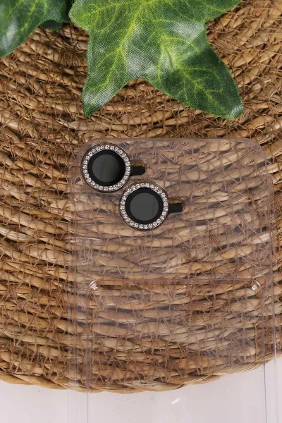 Siyah TeknoCase İPhone 16 Uyumlu Nelly Diamond Serisi Taşlı Lens Hediyeli Sert Silikon Telefon Kılıfı 480946