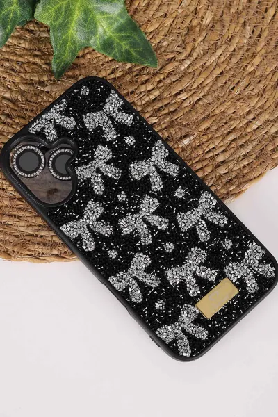 Siyah TeknoCase İPhone 16 Uyumlu Perfect Diamond Case Serisi Taşlı Lens Hediyeli Sert Silikon Telefon Kılıfı 480830