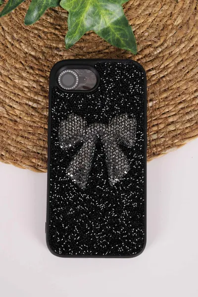 Siyah TeknoCase İPhone 16E & 17E Uyumlu Nelly Diamond Serisi Taşlı Lens Hediyeli Sert Silikon Telefon Kılıfı 480974
