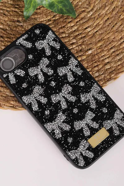 Siyah TeknoCase İPhone 16E & 17E Uyumlu Perfect Diamond Case Serisi Taşlı Lens Hediyeli Sert Silikon Telefon Kılıfı 480889