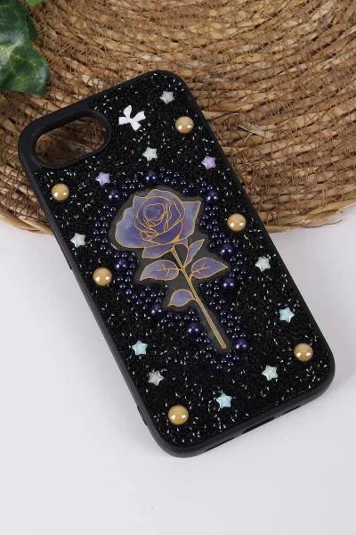 Siyah TeknoCase İPhone 16E Uyumlu Afra Diamond Case Serisi Lens Hediyeli Premium Sert Silikon Telefon Kılıfı 430555