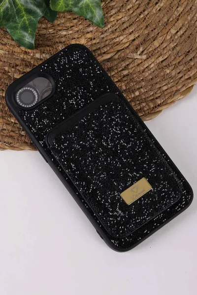 Siyah TeknoCase İPhone 16E Uyumlu Viola Diamond Case Serisi Kartlıklı Lens Hediyeli Sert Silikon Telefon Kılıfı 430852