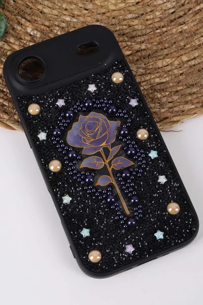 Siyah TeknoCase İPhone 17 Air Uyumlu Afra Diamond Case Serisi Lens Hediyeli Premium Sert Silikon Telefon Kılıfı 430565