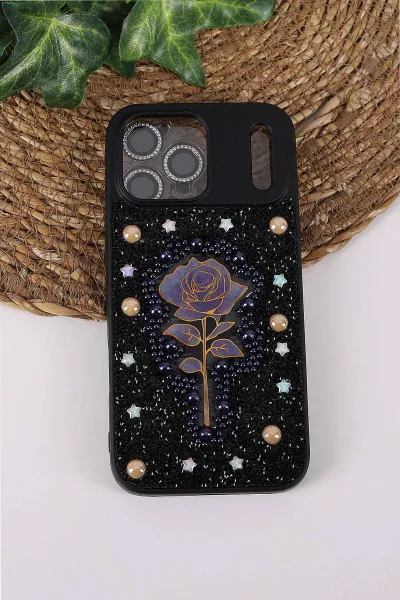 Siyah TeknoCase İPhone 17 Pro Max Uyumlu Afra Diamond Case Serisi Lens Hediyeli Premium Sert Silikon Telefon Kılıfı 430575