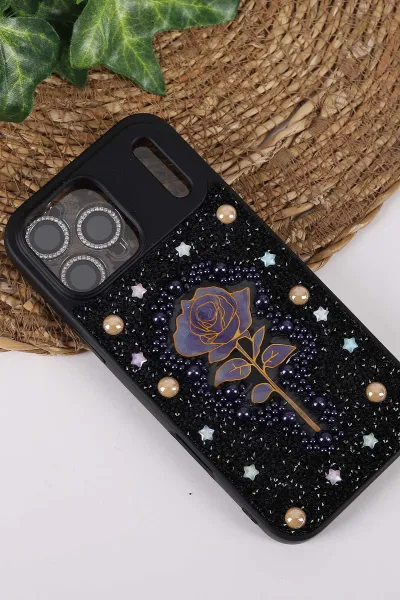 Siyah TeknoCase İPhone 17 Pro Max Uyumlu Afra Diamond Case Serisi Lens Hediyeli Premium Sert Silikon Telefon Kılıfı 430575