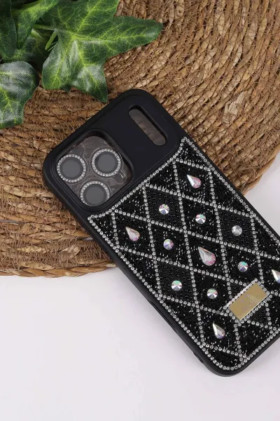 Siyah TeknoCase İPhone 17 Pro Max Uyumlu Dlr Diamond Case Serisi Lens Hediyeli Premium Sert Silikon Telefon Kılıfı 430409