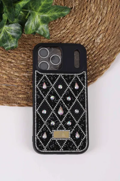 Siyah TeknoCase İPhone 17 Pro Max Uyumlu Dlr Diamond Case Serisi Lens Hediyeli Premium Sert Silikon Telefon Kılıfı 430409