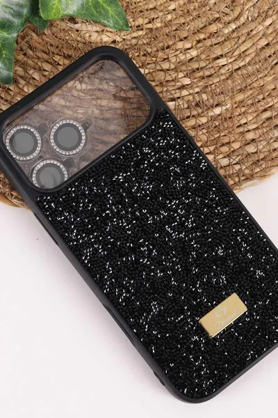 Siyah TeknoCase İPhone 17 Pro Max Uyumlu Ella Diamond Case Serisi Lens Hediyeli Sert Silikon Telefon Kılıfı 457840