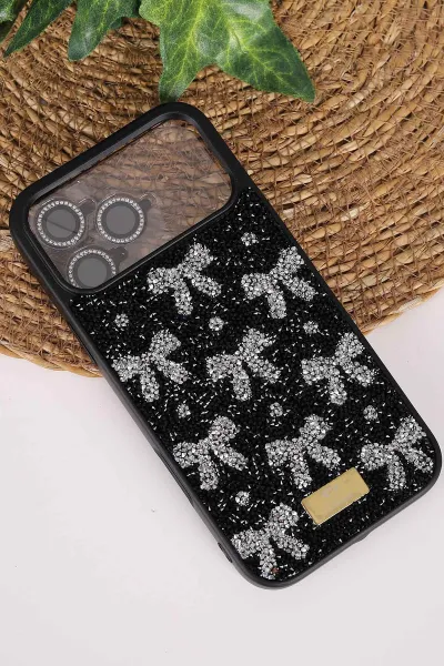 Siyah TeknoCase İPhone 17 Pro Max Uyumlu Perfect Diamond Case Serisi Taşlı Lens Hediyeli Sert Silikon Telefon Kılıfı 480865