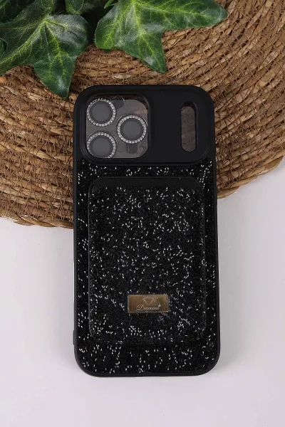 Siyah TeknoCase İPhone 17 Pro Max Uyumlu Viola Diamond Case Serisi Kartlıklı Lens Hediyeli Sert Silikon Telefon Kılıfı 430869