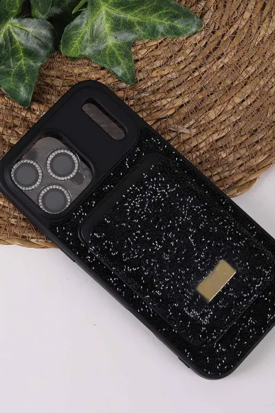 Siyah TeknoCase İPhone 17 Pro Max Uyumlu Viola Diamond Case Serisi Kartlıklı Lens Hediyeli Sert Silikon Telefon Kılıfı 430869