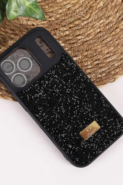 Siyah TeknoCase İPhone 17 Pro Uyumlu Ella Diamond Case Serisi Lens Hediyeli Sert Silikon Telefon Kılıfı 457827