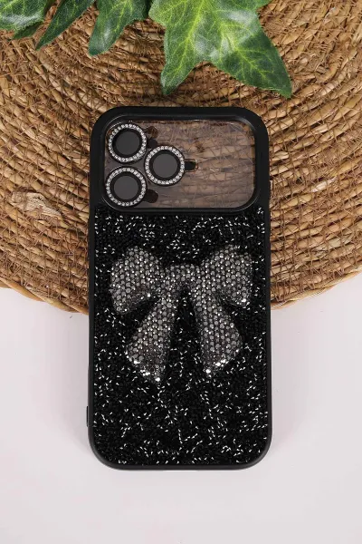 Siyah TeknoCase İPhone 17 Pro Uyumlu Nelly Diamond Serisi Taşlı Lens Hediyeli Sert Silikon Telefon Kılıfı 480966