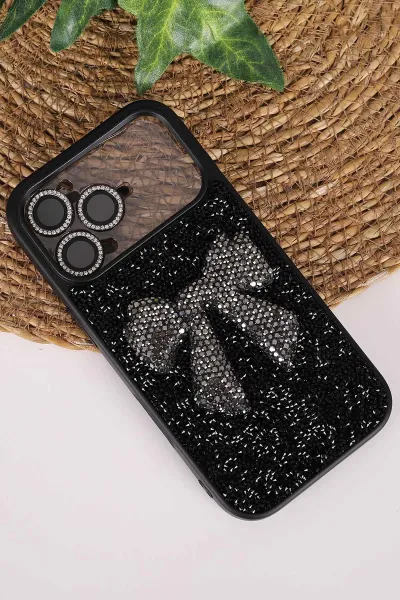 Siyah TeknoCase İPhone 17 Pro Uyumlu Nelly Diamond Serisi Taşlı Lens Hediyeli Sert Silikon Telefon Kılıfı 480966