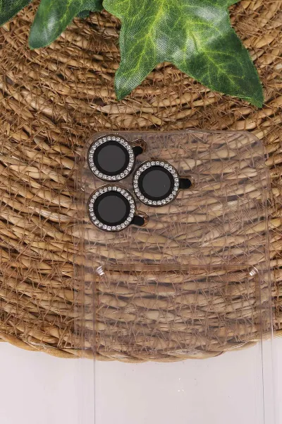 Siyah TeknoCase İPhone 17 Pro Uyumlu Nelly Diamond Serisi Taşlı Lens Hediyeli Sert Silikon Telefon Kılıfı 480966