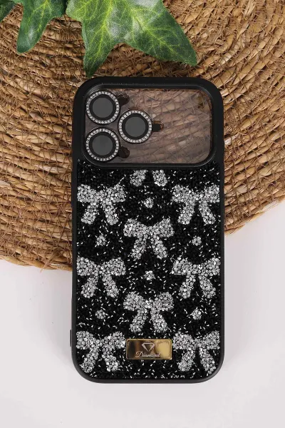 Siyah TeknoCase İPhone 17 Pro Uyumlu Perfect Diamond Case Serisi Taşlı Lens Hediyeli Sert Silikon Telefon Kılıfı 480858