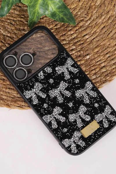 Siyah TeknoCase İPhone 17 Pro Uyumlu Perfect Diamond Case Serisi Taşlı Lens Hediyeli Sert Silikon Telefon Kılıfı 480858
