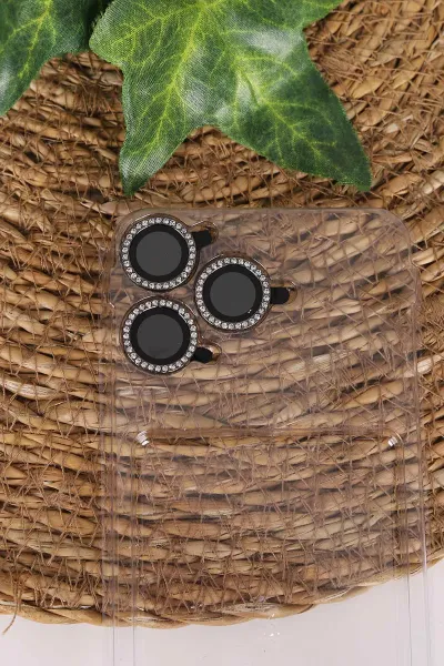 Siyah TeknoCase İPhone 17 Pro Uyumlu Perfect Diamond Case Serisi Taşlı Lens Hediyeli Sert Silikon Telefon Kılıfı 480858