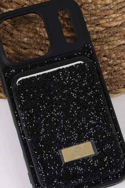 Siyah TeknoCase İPhone 17 Pro Uyumlu Viola Diamond Case Serisi Kartlıklı Lens Hediyeli Sert Silikon Telefon Kılıfı 430864