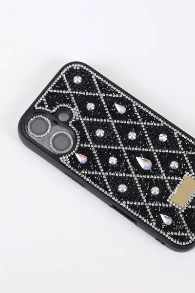 Siyah TeknoCase İPhone 17 Uyumlu Dlr Diamond Case Serisi Lens Hediyeli Premium Sert Silikon Telefon Kılıfı 430397