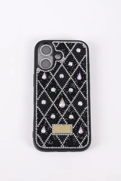 Siyah TeknoCase İPhone 17 Uyumlu Dlr Diamond Case Serisi Lens Hediyeli Premium Sert Silikon Telefon Kılıfı 430397