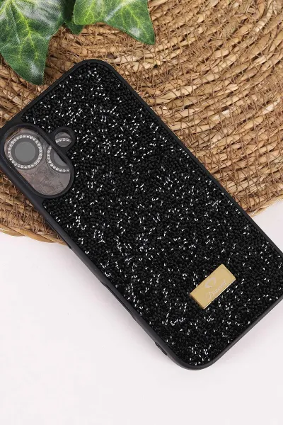 Siyah TeknoCase İPhone 17 Uyumlu Ella Diamond Case Serisi Lens Hediyeli Sert Silikon Telefon Kılıfı 457823