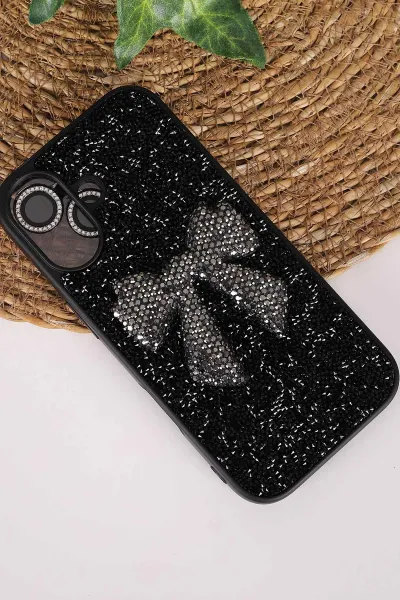 Siyah TeknoCase İPhone 17 Uyumlu Nelly Diamond Serisi Taşlı Lens Hediyeli Sert Silikon Telefon Kılıfı 480961