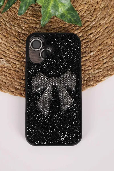 Siyah TeknoCase İPhone 17 Uyumlu Nelly Diamond Serisi Taşlı Lens Hediyeli Sert Silikon Telefon Kılıfı 480961