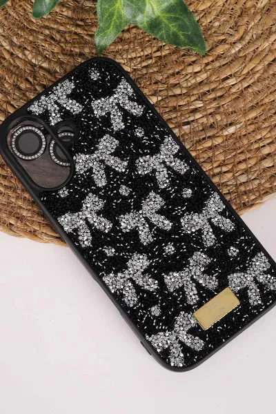 Siyah TeknoCase İPhone 17 Uyumlu Perfect Diamond Case Serisi Taşlı Lens Hediyeli Sert Silikon Telefon Kılıfı 480852