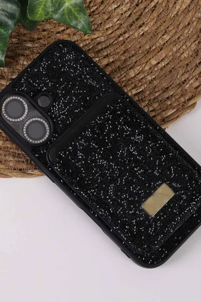 Siyah TeknoCase İPhone 17 Uyumlu Viola Diamond Case Serisi Kartlıklı Lens Hediyeli Sert Silikon Telefon Kılıfı 430857